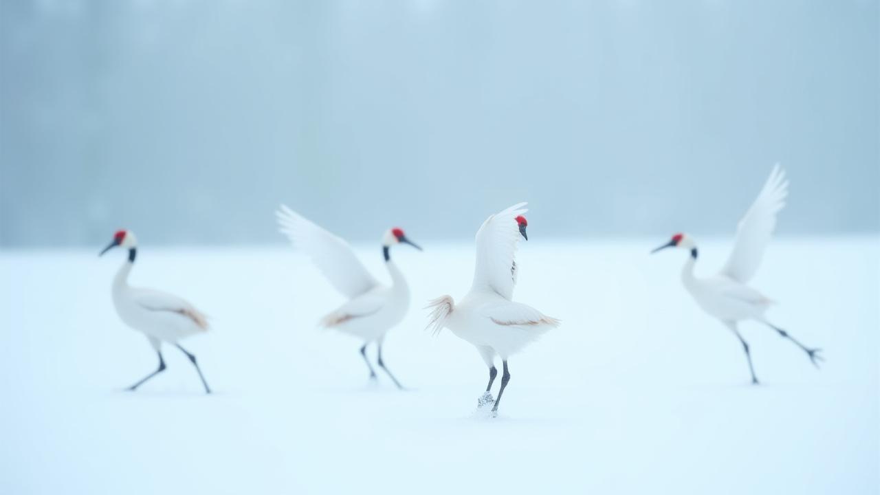 Red-crowned cranes in a snowy landscape, Hokkaido
