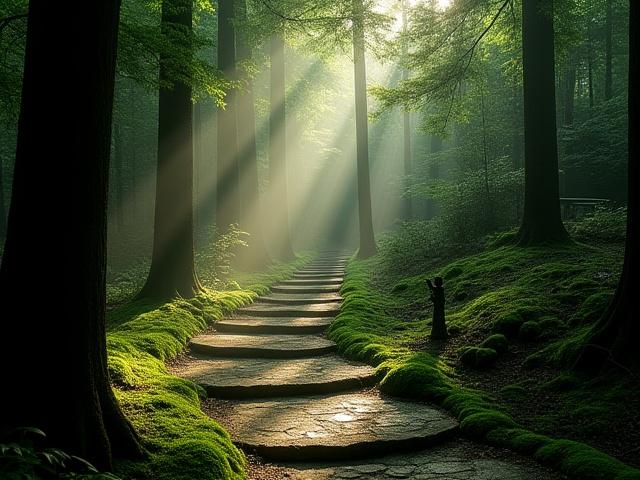 A path winding through a serene forest towards a temple gate in Shikoku