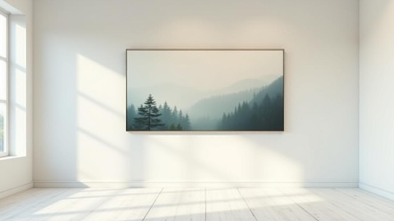 Large framed fine art photography print of a misty Japanese forest hanging on a minimalist gallery wall