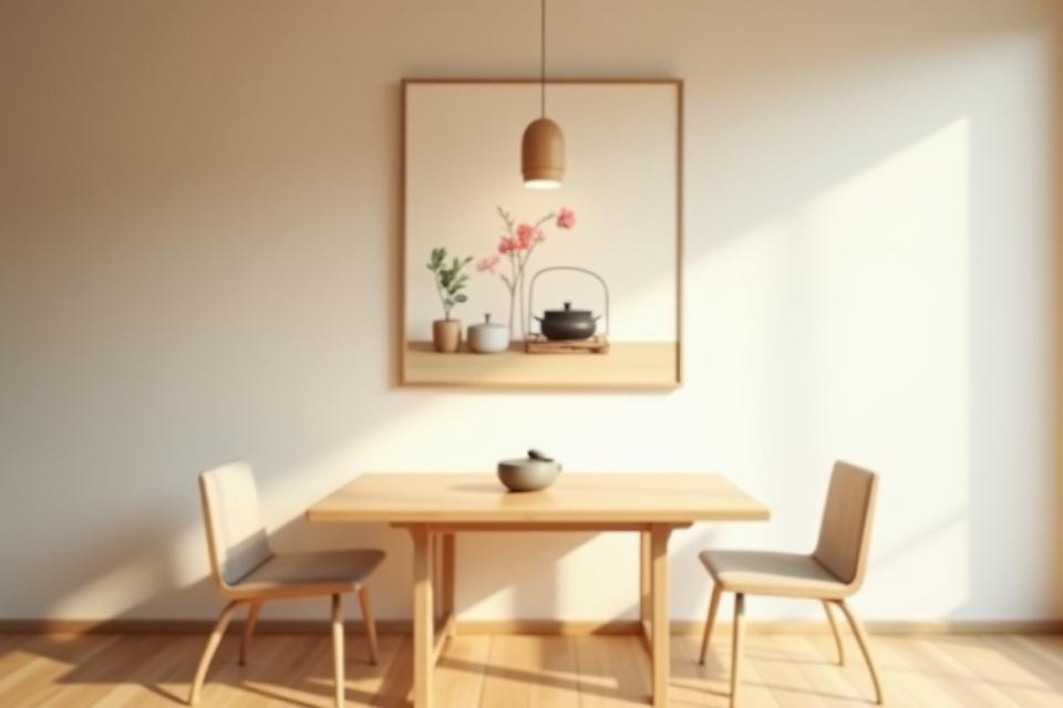 Calm still-life print adorning a minimalist dining area with natural wood furniture.