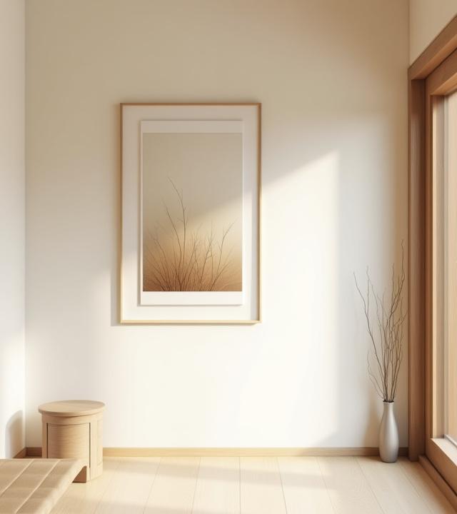 Series of smaller abstract prints arranged neatly in a bright, contemporary hallway.