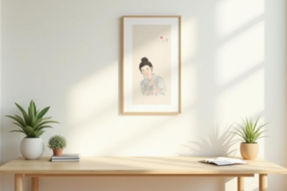 Portrait print hanging above a wooden desk in a quiet home office with natural light.