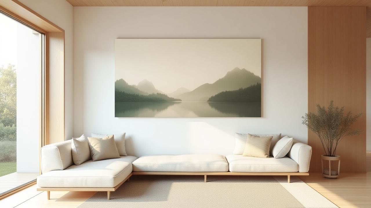 Large landscape print displayed above a minimalist sofa in a modern Japanese-style living room.