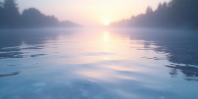 Fine art print titled 'River Light' by Kiyoko Hashimoto, capturing reflections on a calm river at dawn.