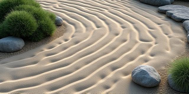 Fine art print titled 'Zen Garden' by Emi Kobayashi, showcasing raked sand and stones in a traditional Japanese garden.