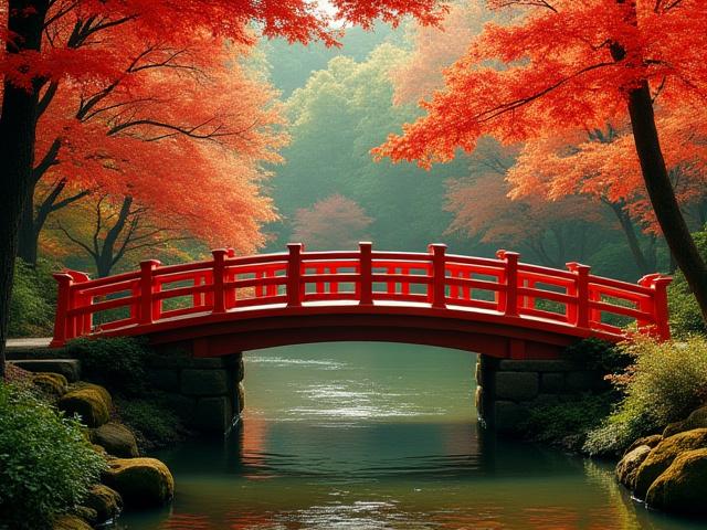 A traditional red bridge amidst lush greenery and autumn foliage in Minoh Park.