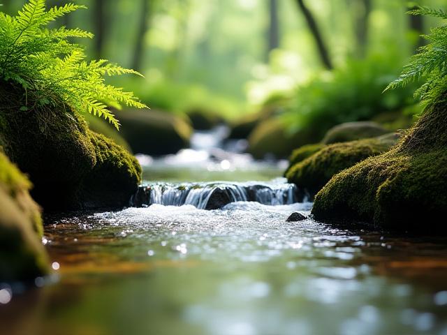 A serene mountain stream flowing over moss-covered rocks in Minoh Park.