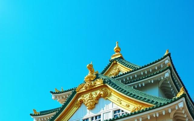 A low-angle shot of Osaka Castle's intricate eaves against a clear blue sky.