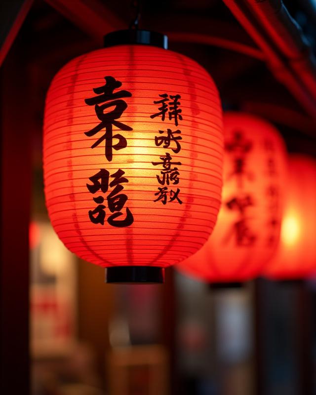 A close-up of a vibrant red Japanese lantern in Shinsekai at night.