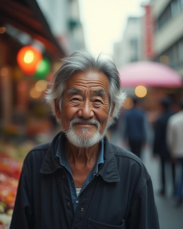 Candid street portrait of an elderly man with an expressive face in Osaka.