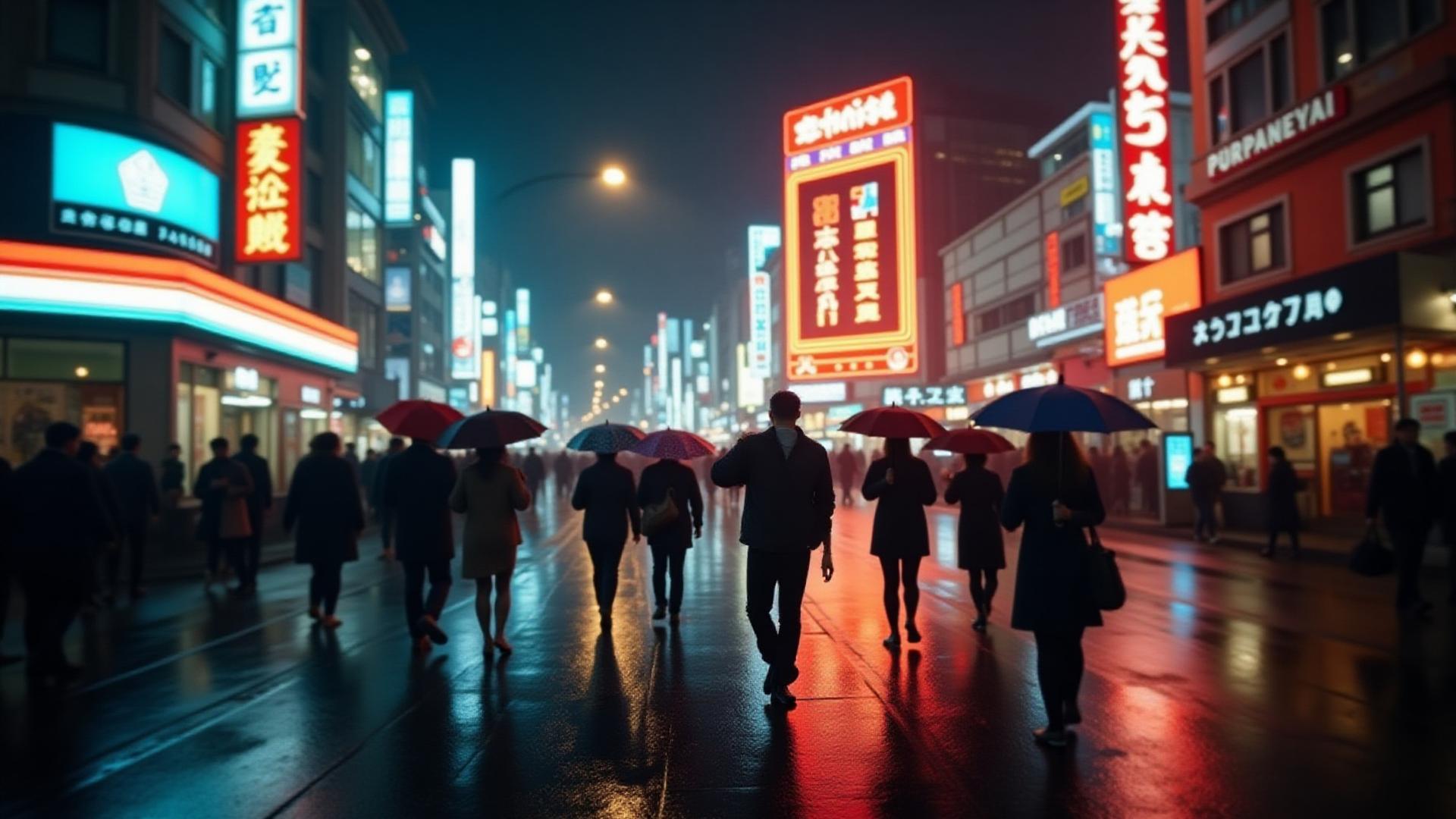 Dynamic street photography of a bustling Osaka intersection at night, with neon lights reflecting on wet pavement