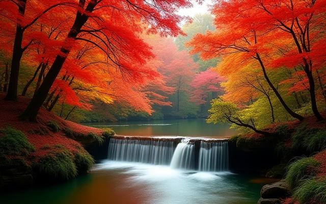 Vibrant autumn leaves at Minoh Park, Osaka, surrounding a serene waterfall.