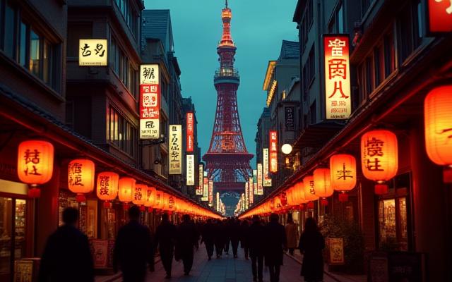 Dusk in Shinsekai, Osaka, with Tsutenkaku Tower lit up and vibrant street life.