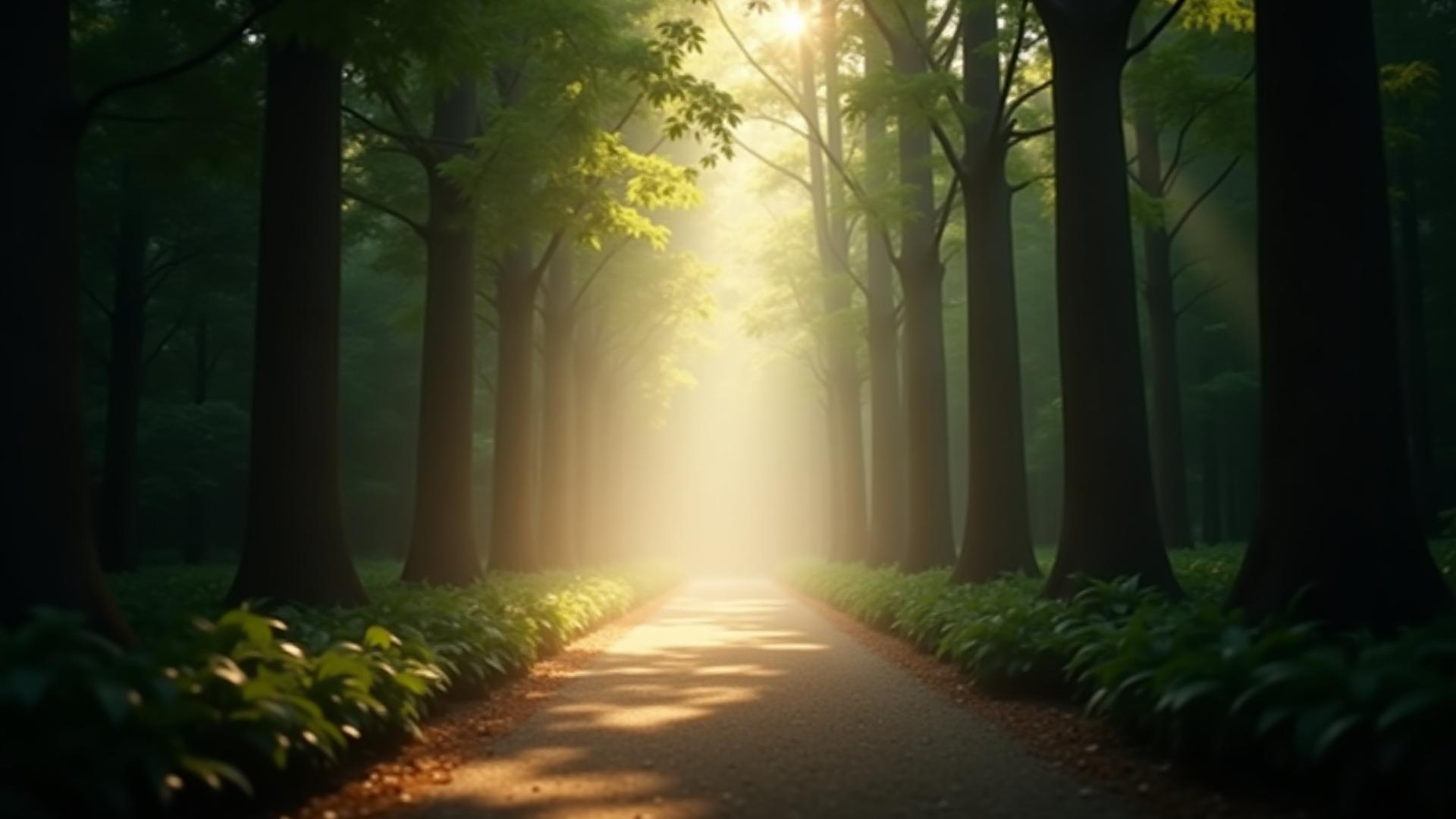 Sun-dappled forest path in Japan with soft morning light, evoking Shinrinyoku