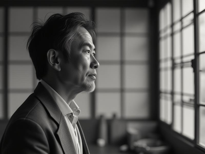 Thoughtful instructor observing a scene in black and white, embodying profound contemplation