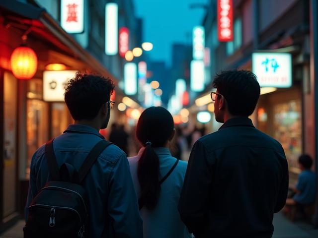 Group of photographers on a guided photo walk exploring a bustling Osaka street at dusk