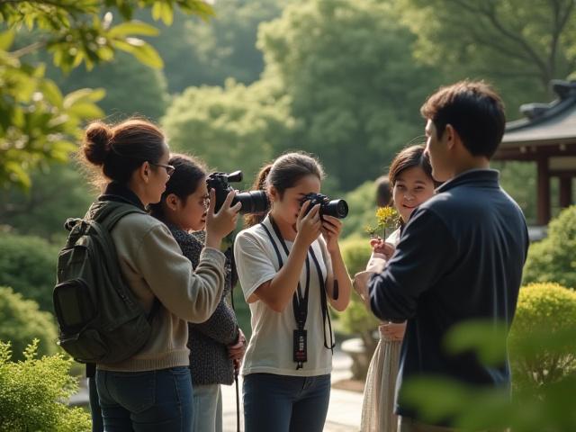 Photographers learning composition in a sunlit Japanese garden workshop