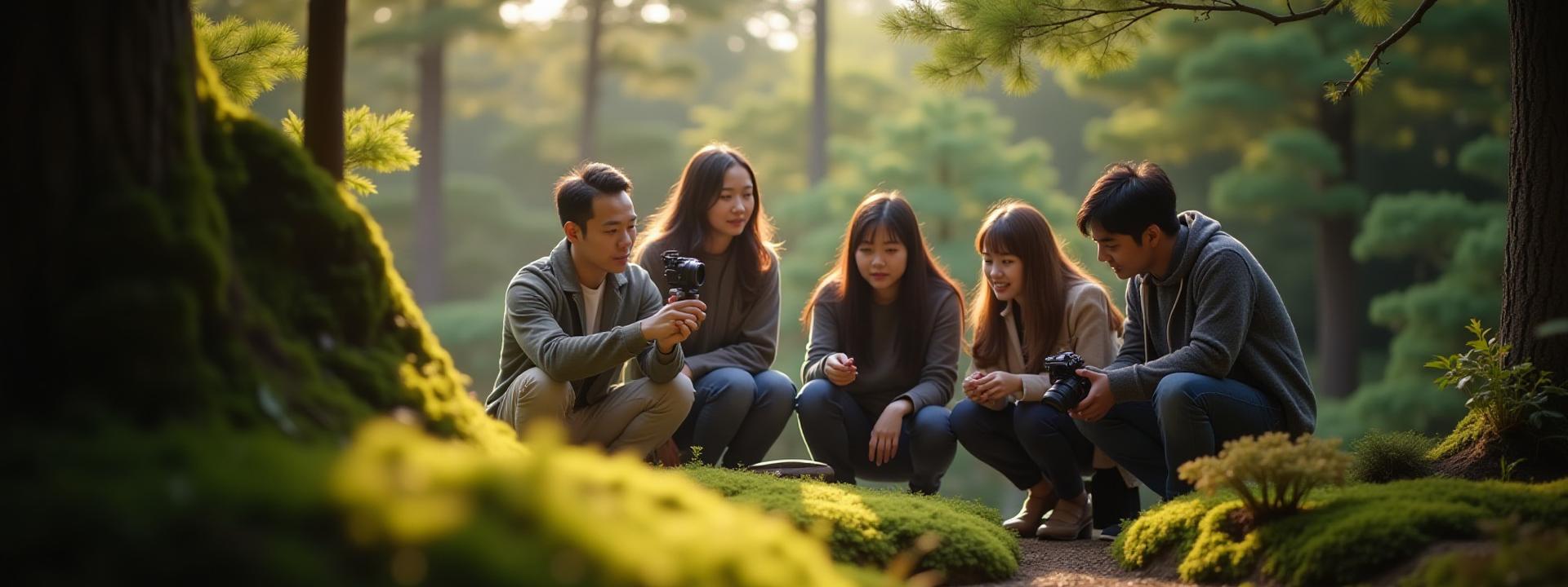 Instructor guiding a small group of photographers amidst the serene backdrop of an Osaka garden, capturing light and composition.