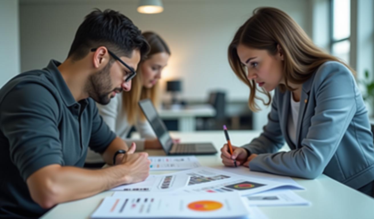 Two photographers thoughtfully discussing prints on a table, backlighting from a window creating a calm atmosphere.