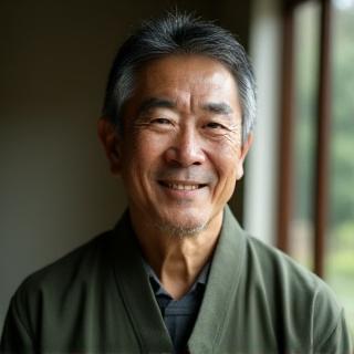 Portrait of Kenji Tanaka, a contemplative and insightful man, looking directly at the viewer.