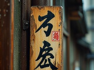 朽ちかけた木製の看板に刻まれた古い文字