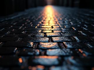 雨上がりの路地の石畳に映るかすかな光